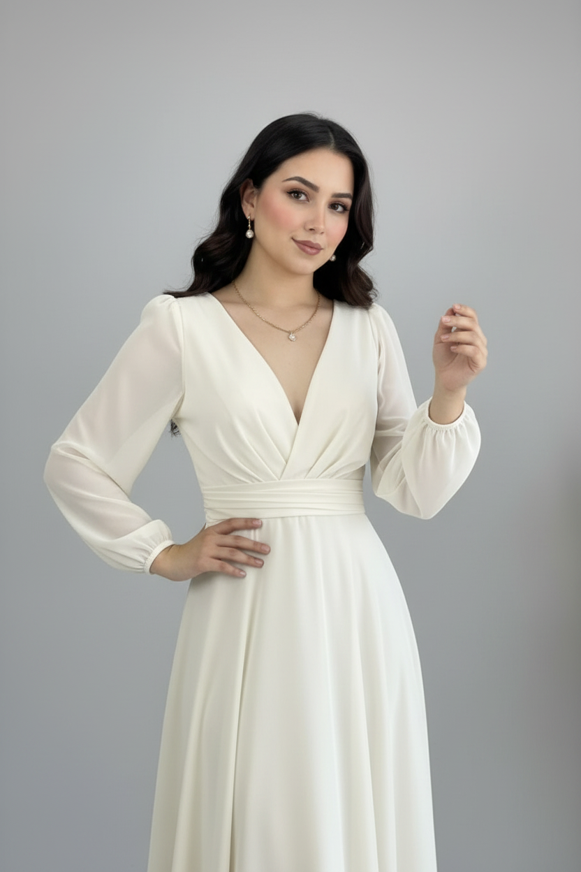 Vestido Blanco Marfil Manga Larga Gasa Escote V A-Line cod.820