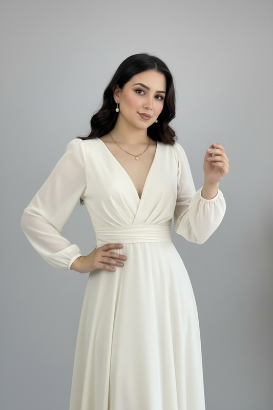 Vestido Blanco Marfil Manga Larga Gasa Escote V A-Line cod.820