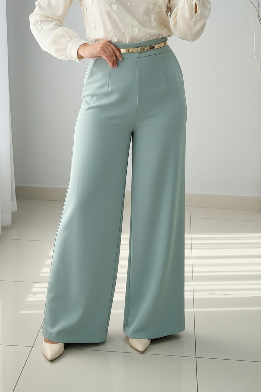 Conjunto Verde Menta Blusa Chiffon Flores 3D y Palazzo cod.C379