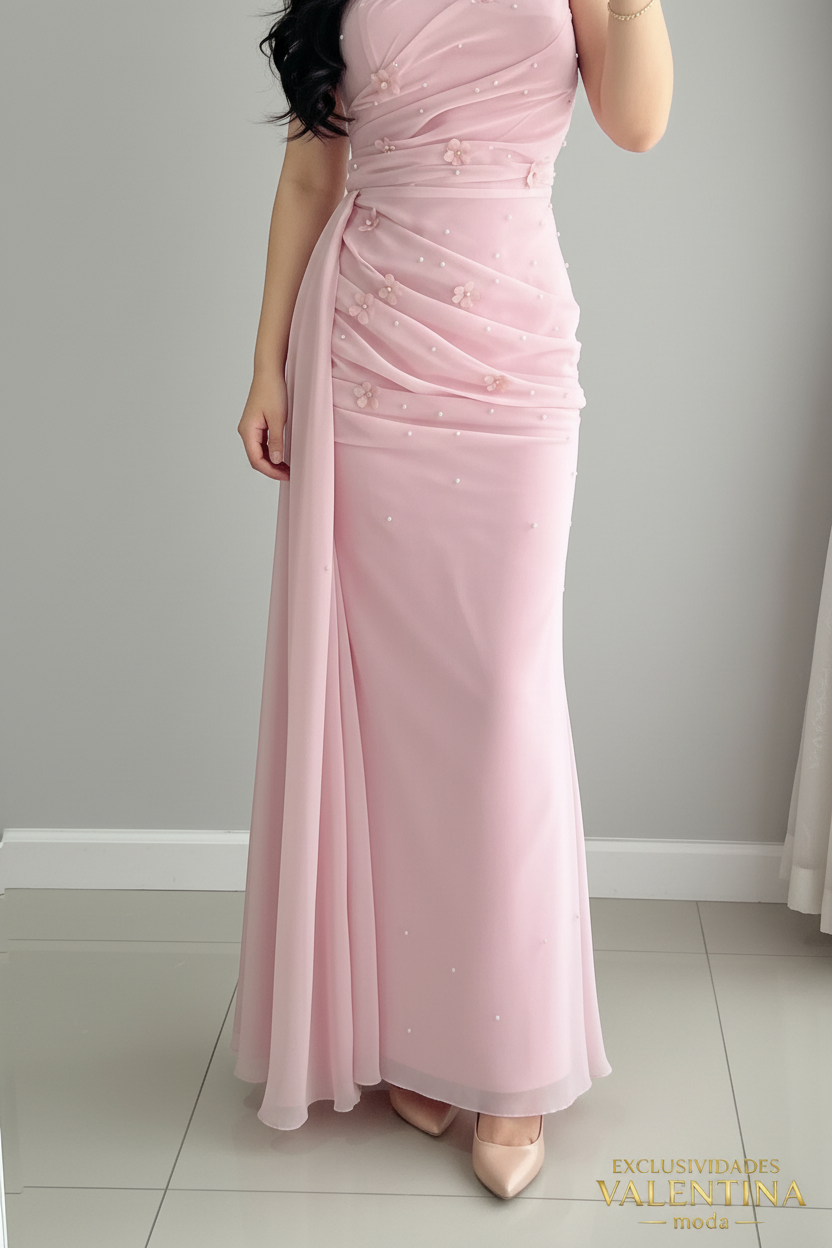 Vestido Largo Rosa Palo Chiffon Perlas Drapeado cod.V718