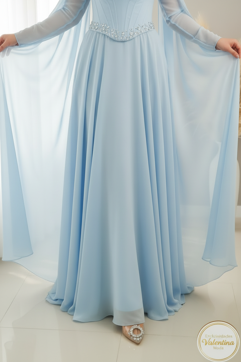 Vestido Gala Azul Cielo Halter con Capa cod.00123