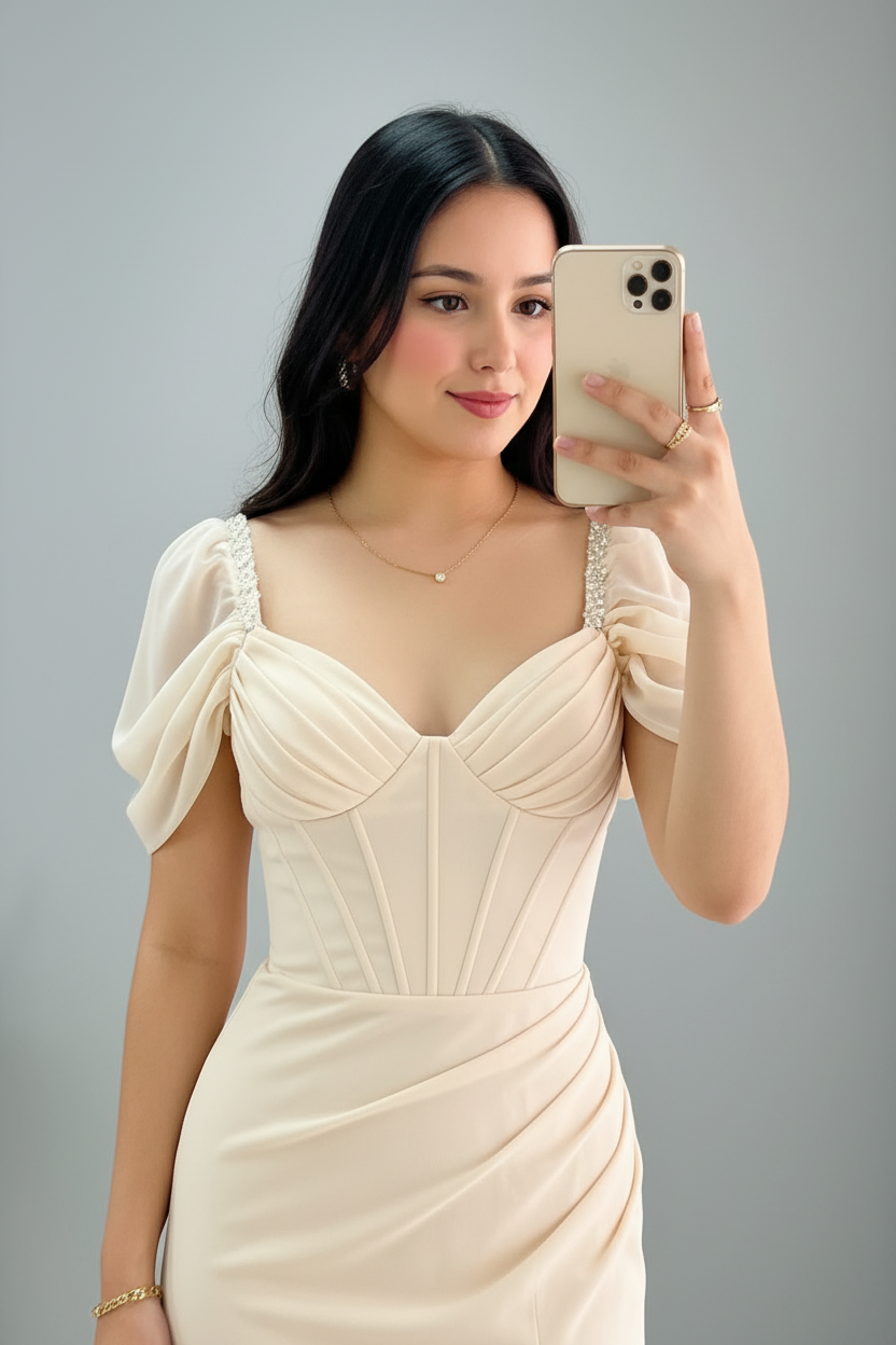 Vestido Champagne Corset Manga Globo cod.V416