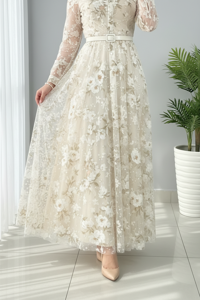 Vestido Crema Floral Bordado Tul Manga Larga Cuello Camisero A-Line cod.823