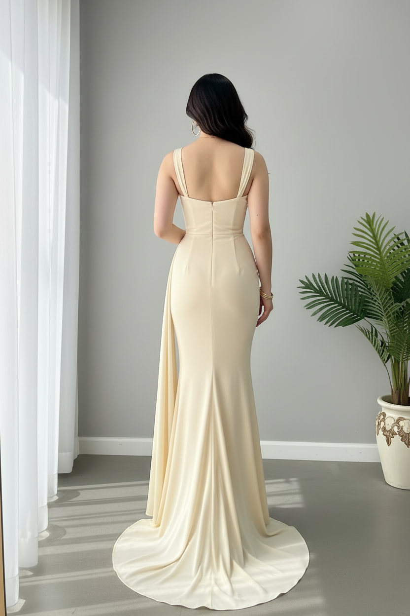 Vestido Champagne Ivory Sirena con Train Lateral cod.956