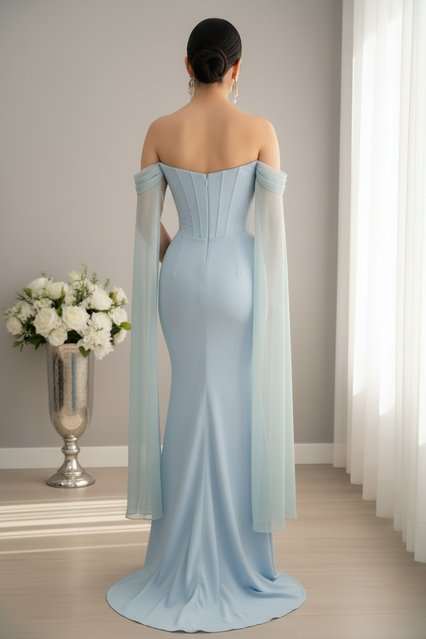 Vestido Largo Azul Celeste Off-Shoulder Corset con Cristales y Capa de Chifón cod.V961