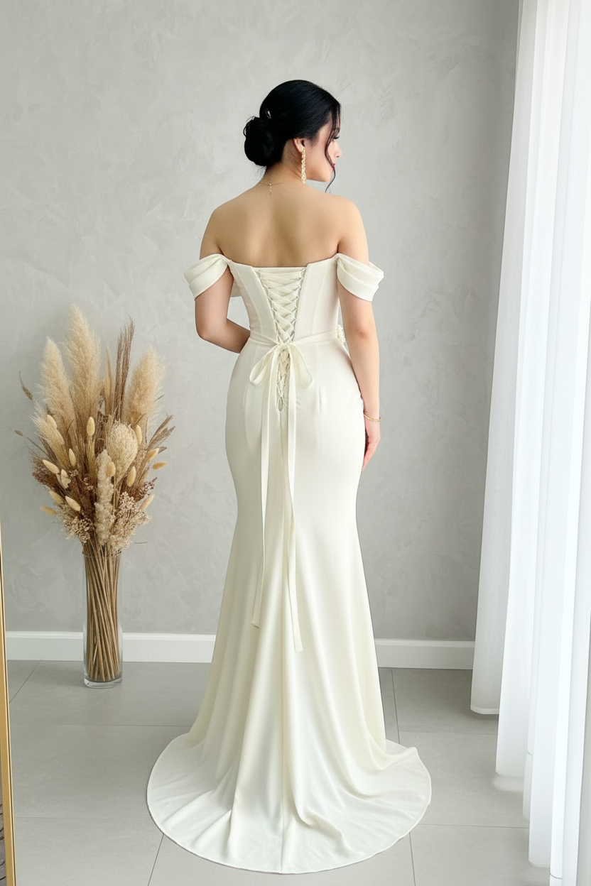 Vestido Ivory Off-Shoulder Sirena con Perlas y Corsét cod.V365