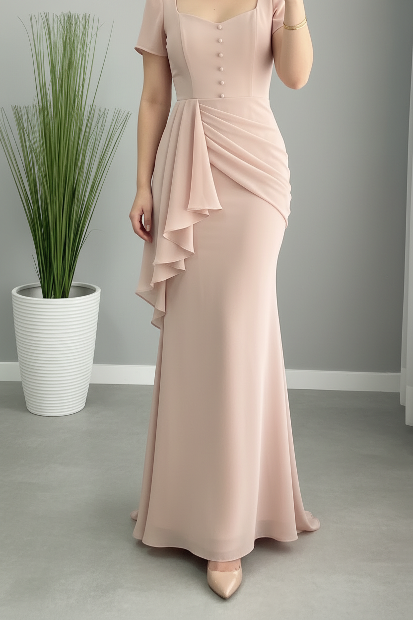 Vestido Blush Rosa Sirena con Botones y Volante Lateral cod.957
