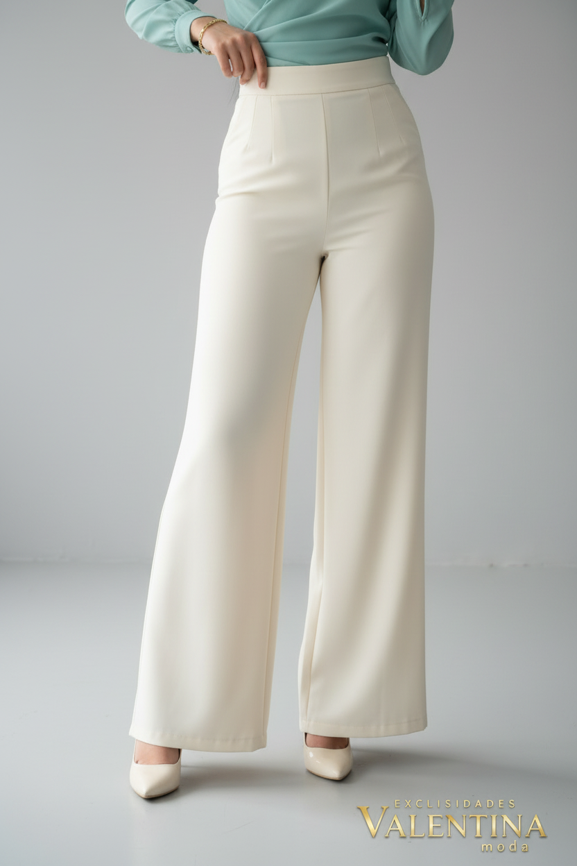 Conjunto Blusa Menta Wrap Manga Globo y Pantalón Palazzo Blanco cod.C554
