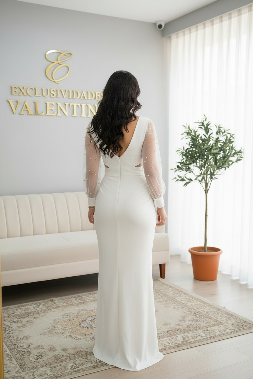 Vestido Blanco Manga Tul con Perlas Escote V y Cut-Out cod.V602