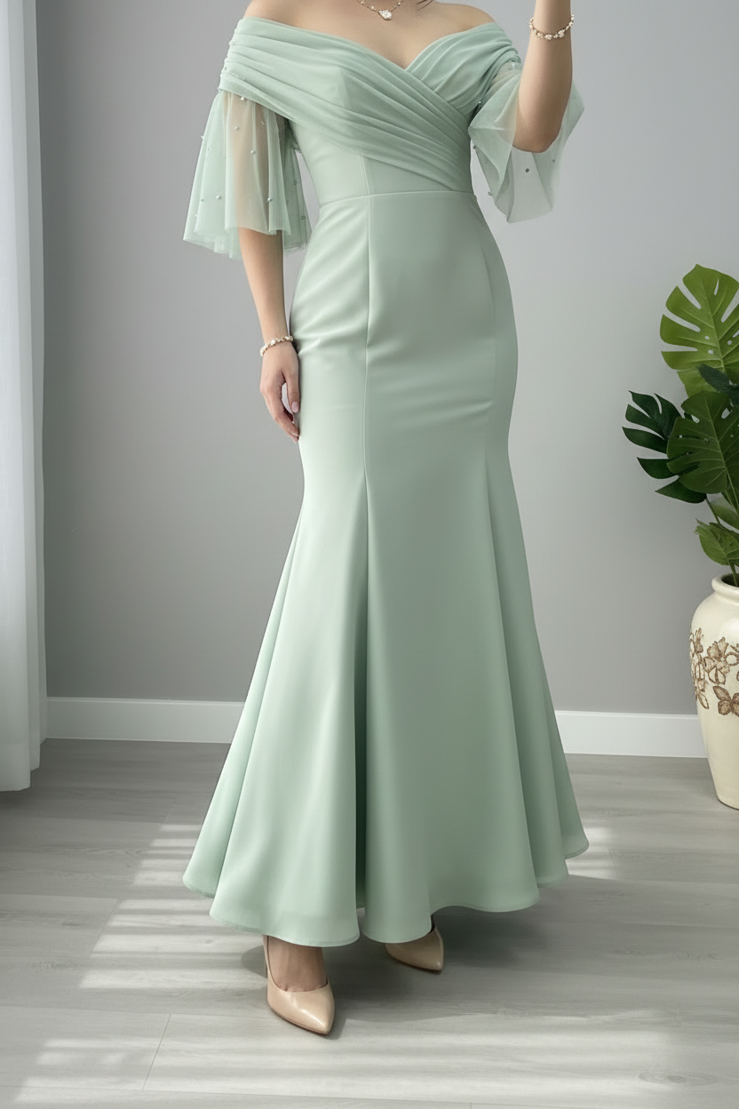 Vestido Sirena Verde Menta Sage Off-Shoulder Manga Tul Perlas Escote Corazón cod.836