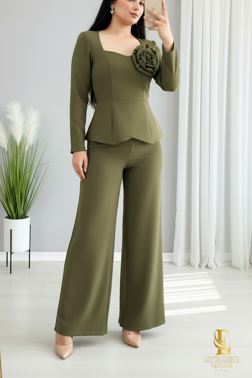 Conjunto Verde Militar — Blazer Peplum Rosa 3D & Palazzo cod.0036
