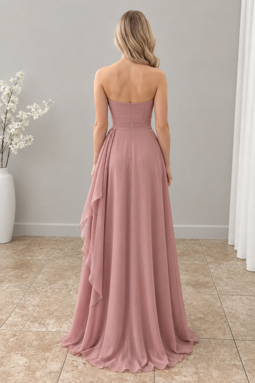 Vestido largo rosa mauve strapless con abertura y caída lateral cod. VC018