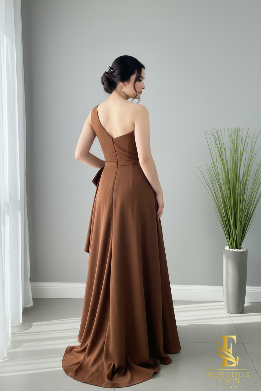 Vestido Chocolate One Shoulder Bow A-Line cod.V232