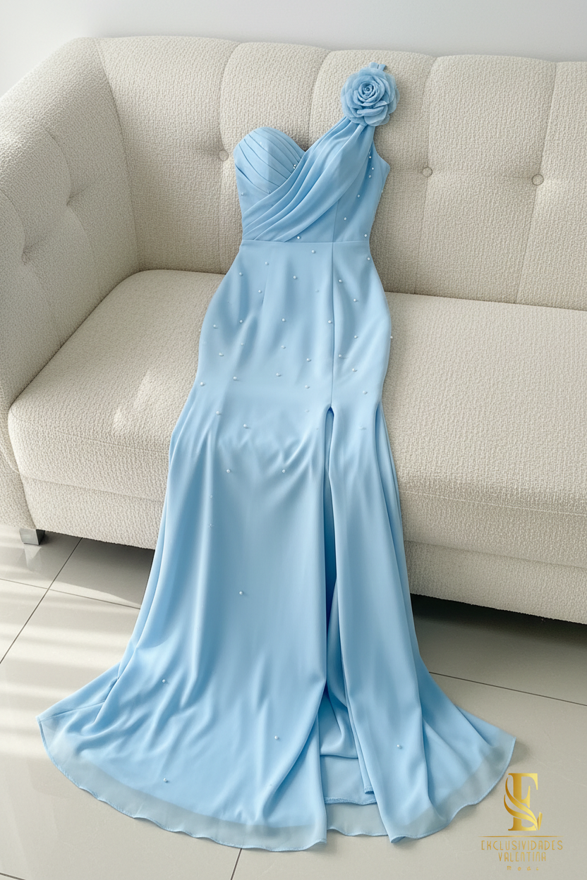 Vestido Azul Cielo Sirena Un Hombro Rosa 3D Perlas Abertura cod.V336