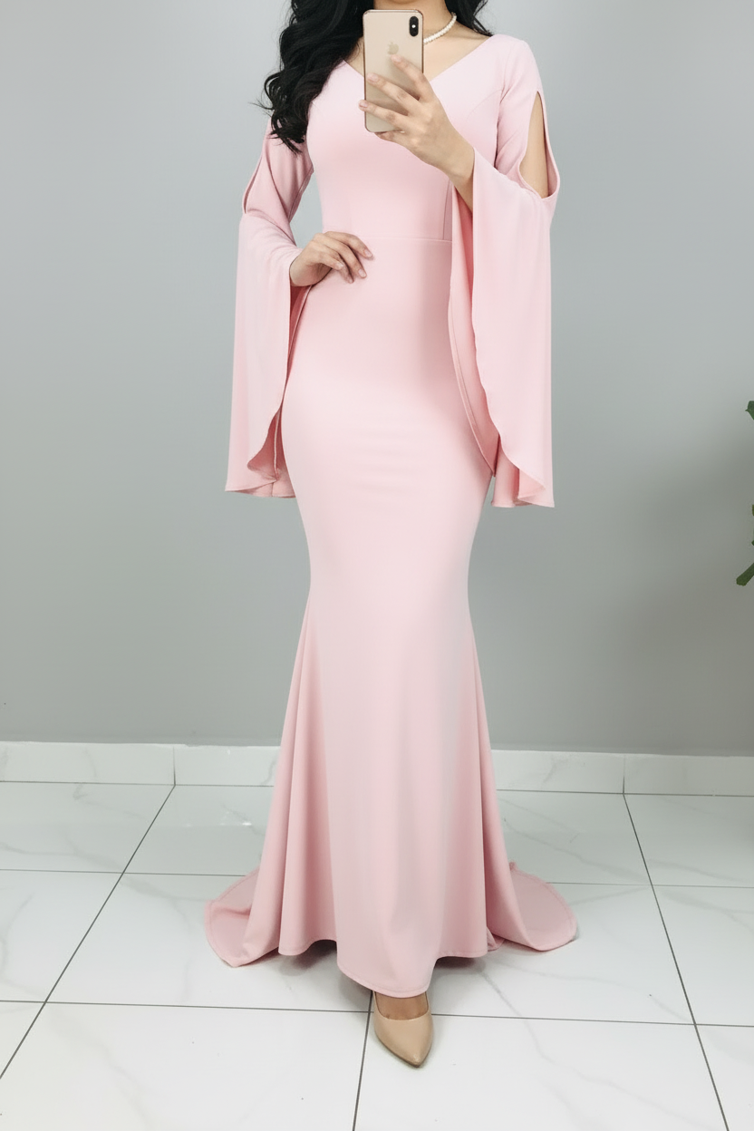 Vestido Rosa Sirena Mangas Campana cod.601