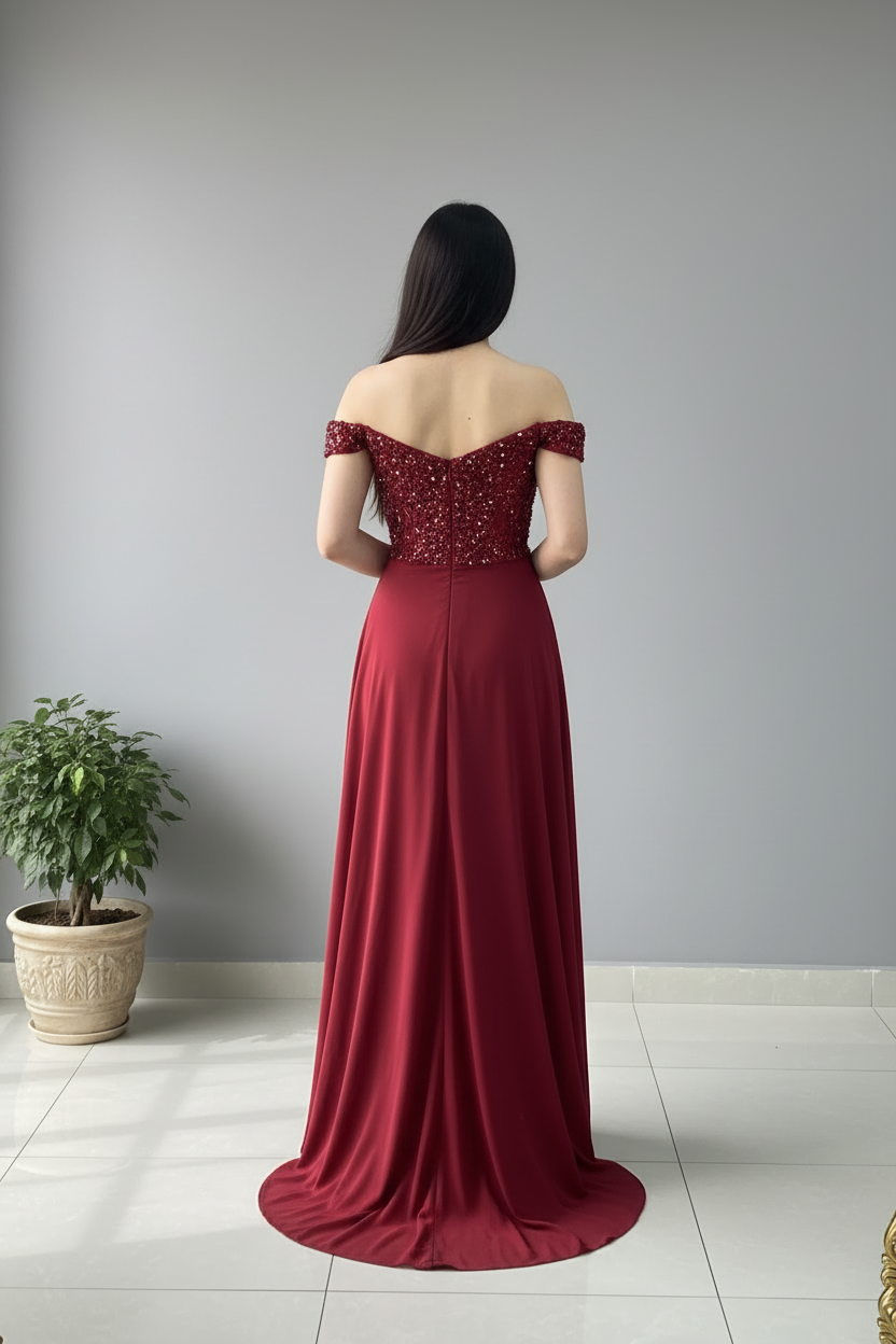 Vestido Vino Off-Shoulder Bordado cod.622