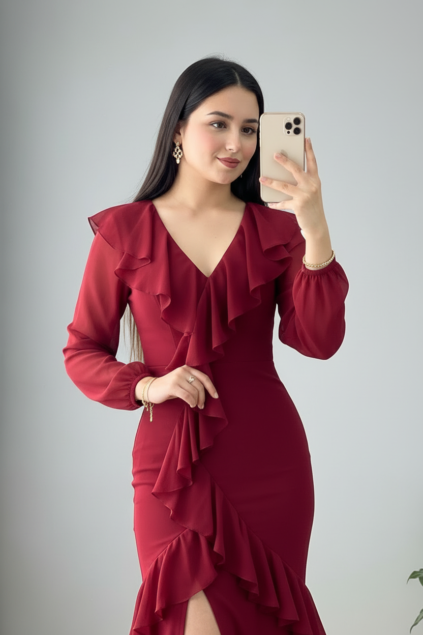 Vestido Vino Manga Larga Sirena con Volantes cod.954