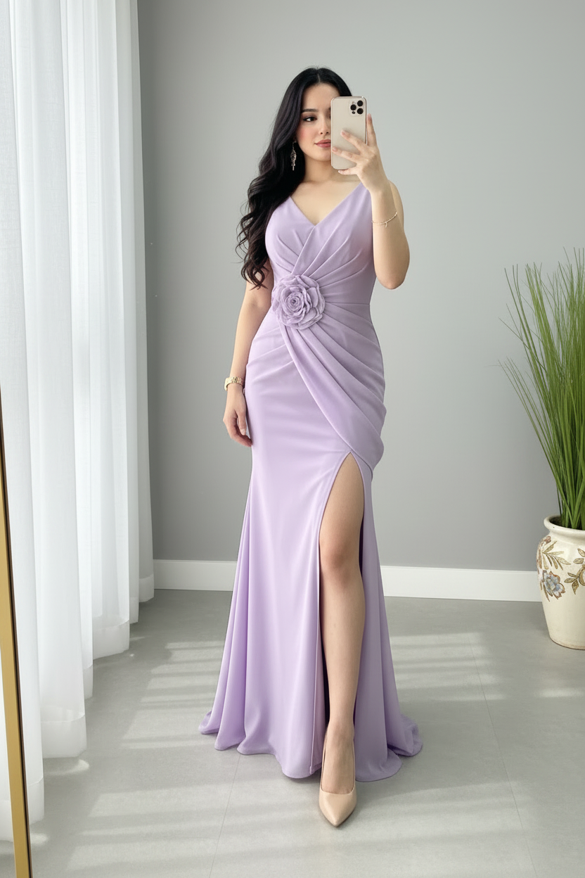 Vestido Lila Lavanda Sirena con Rosa 3D y Abertura cod.963