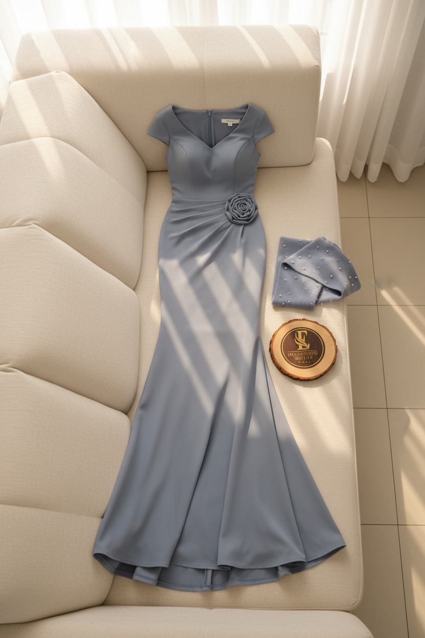 Vestido Sirena Azul Acero con Chal de Perlas Exclusivo cod.797