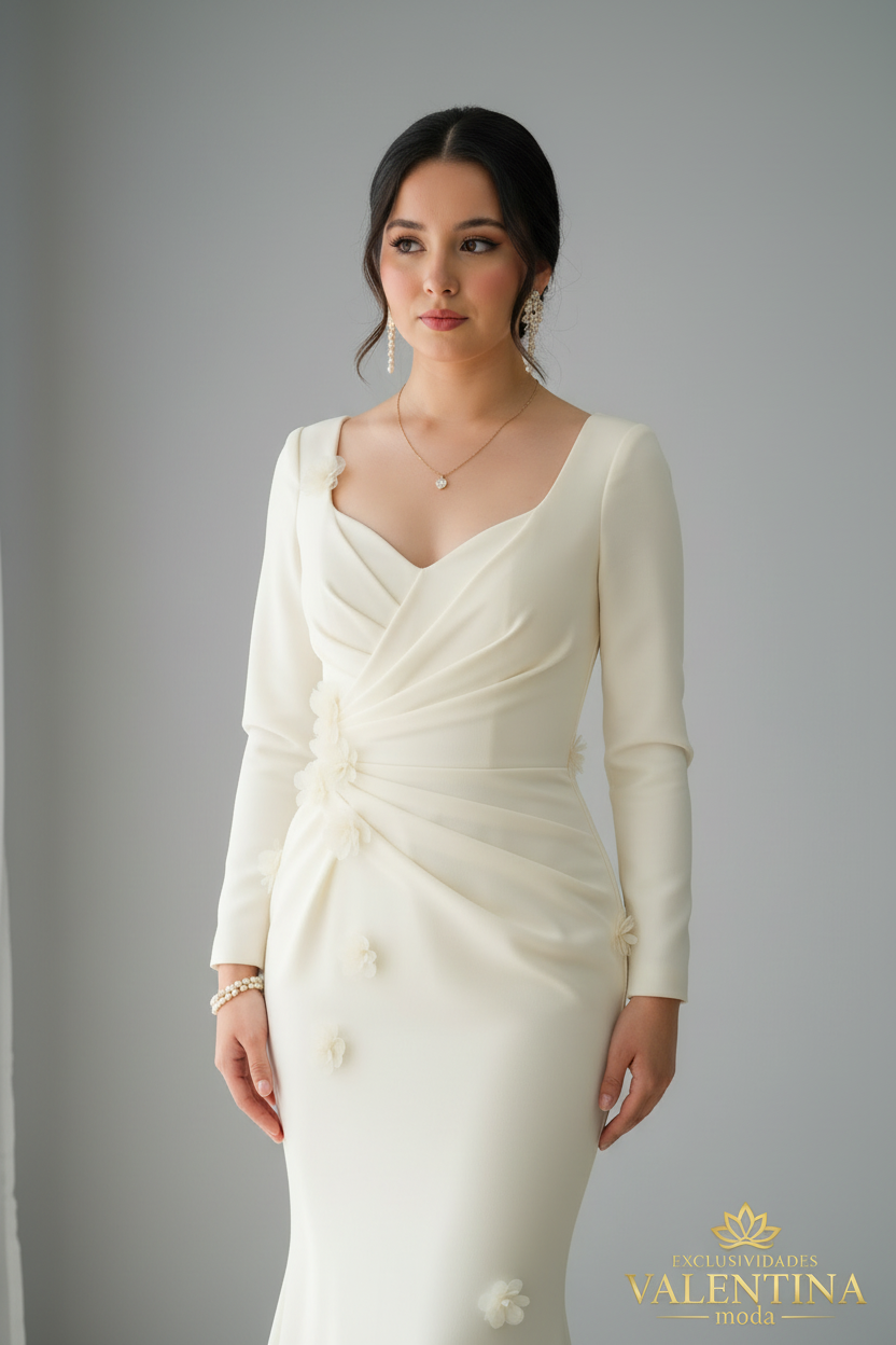 Vestido Blanco Marfil Manga Larga Sirena con Rosas D cod.V535