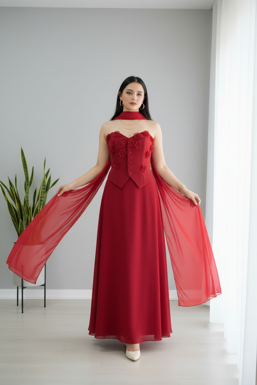 Conjunto Rojo Corset con Rosas 3D y Capa cod.C639