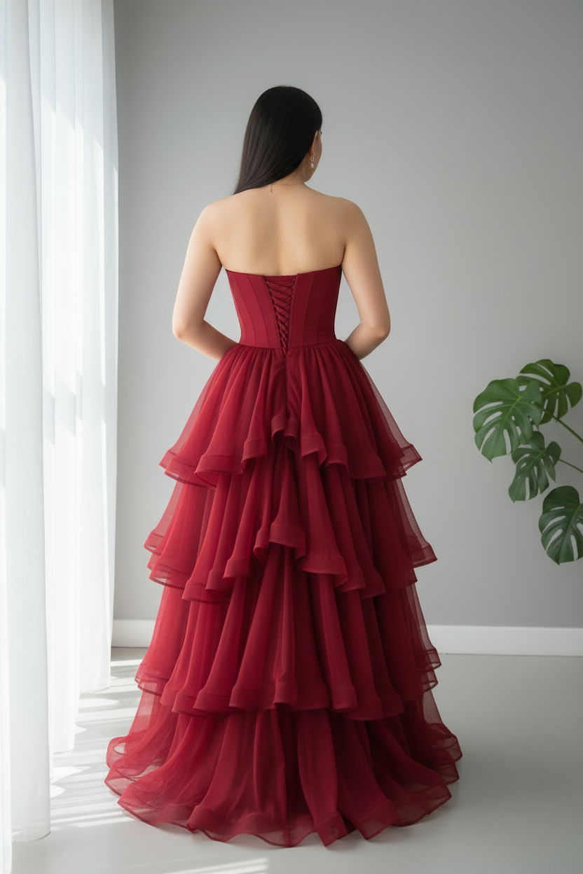 Vestido Rojo Vino Strapless Corsé Tul Multicapa Volantes cod.V0034