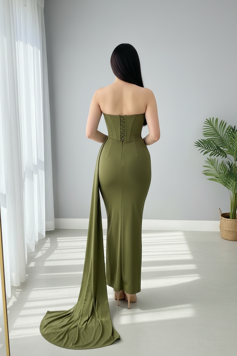 Vestido Verde Oliva Strapless Corset Estructurado Sirena con Cola Lateral cod.763