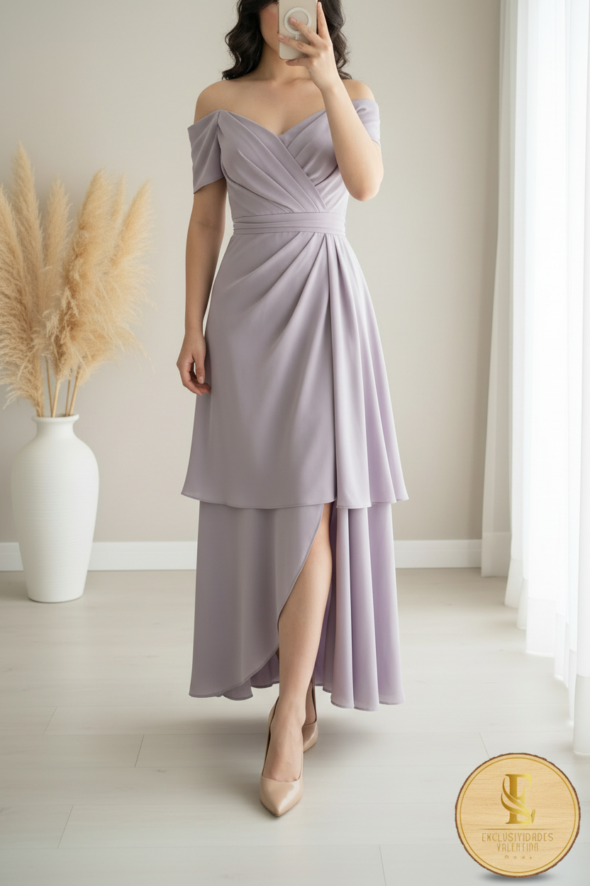 Vestido Lila Off-Shoulder Doble Capa cod.0089