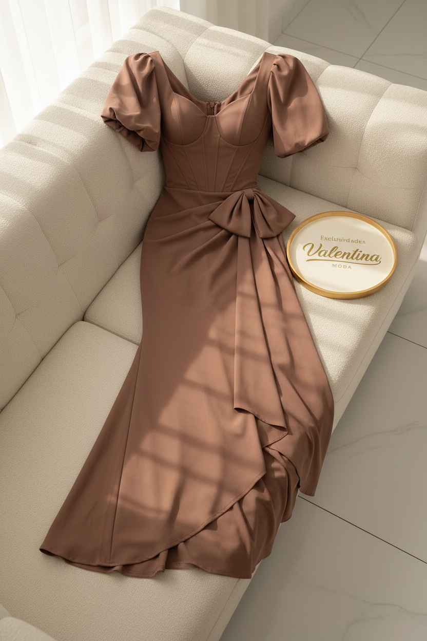 Vestido Mauve Corset con Mangas Globo y Lazo en la Cadera cod.659
