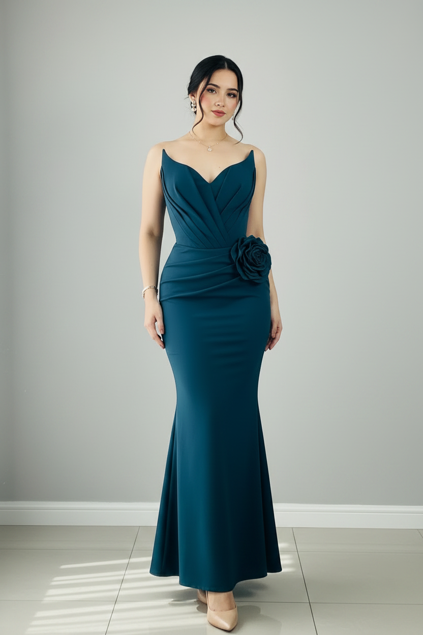 Vestido Sirena Azul Petróleo — Escote V, Tirantes Finos, Rosa 3D Cadera & Espalda Corset cod.897