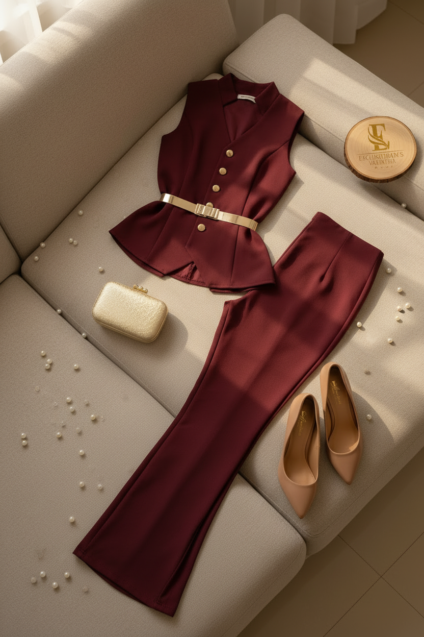 Conjunto Elegante Vino Chaleco Peplum con Botones Dorados y Pantalón Flare cod.519