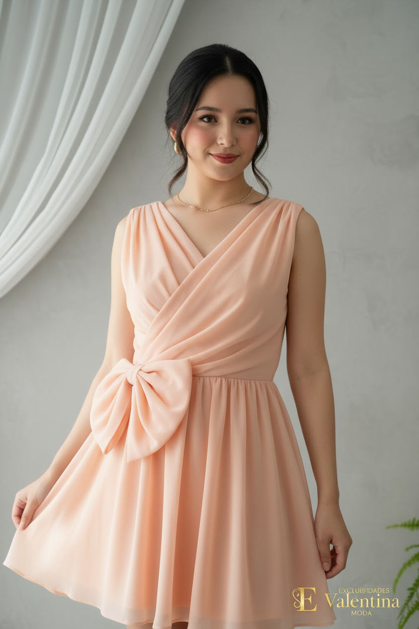 Vestido Melocotón Sin Mangas Escote V Cruzado Lazo 3D Falda Chifón  cod.941