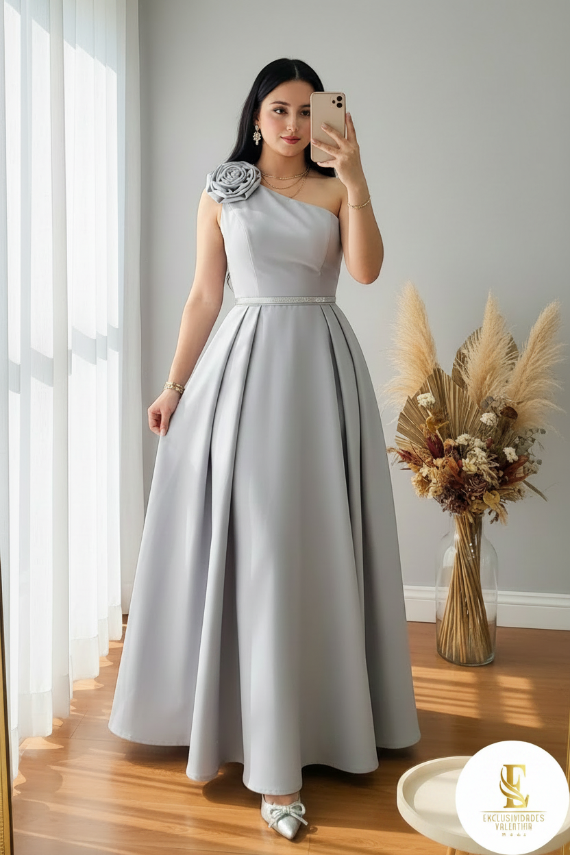 Vestido Gris Hombro Asimétrico Rosa D cod.162