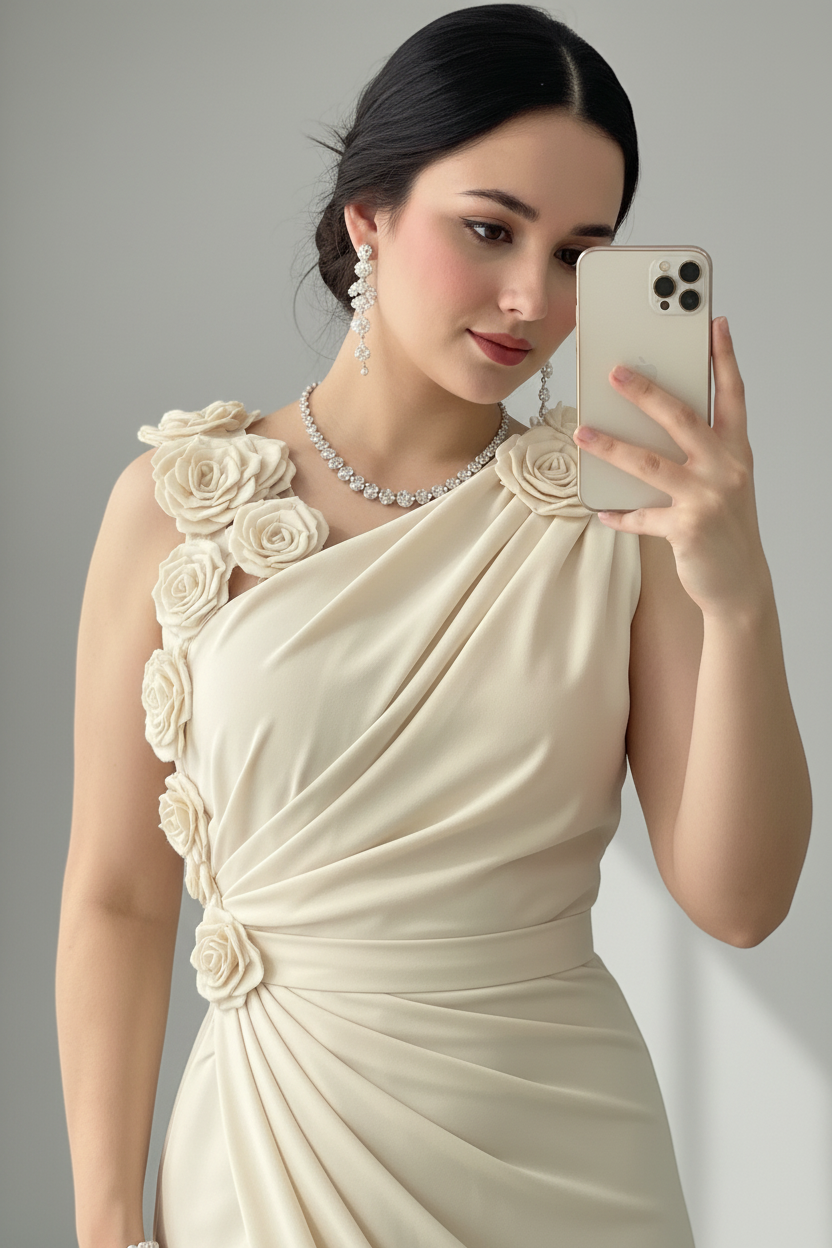 Vestido Rosas 3D Crema Cod.V306