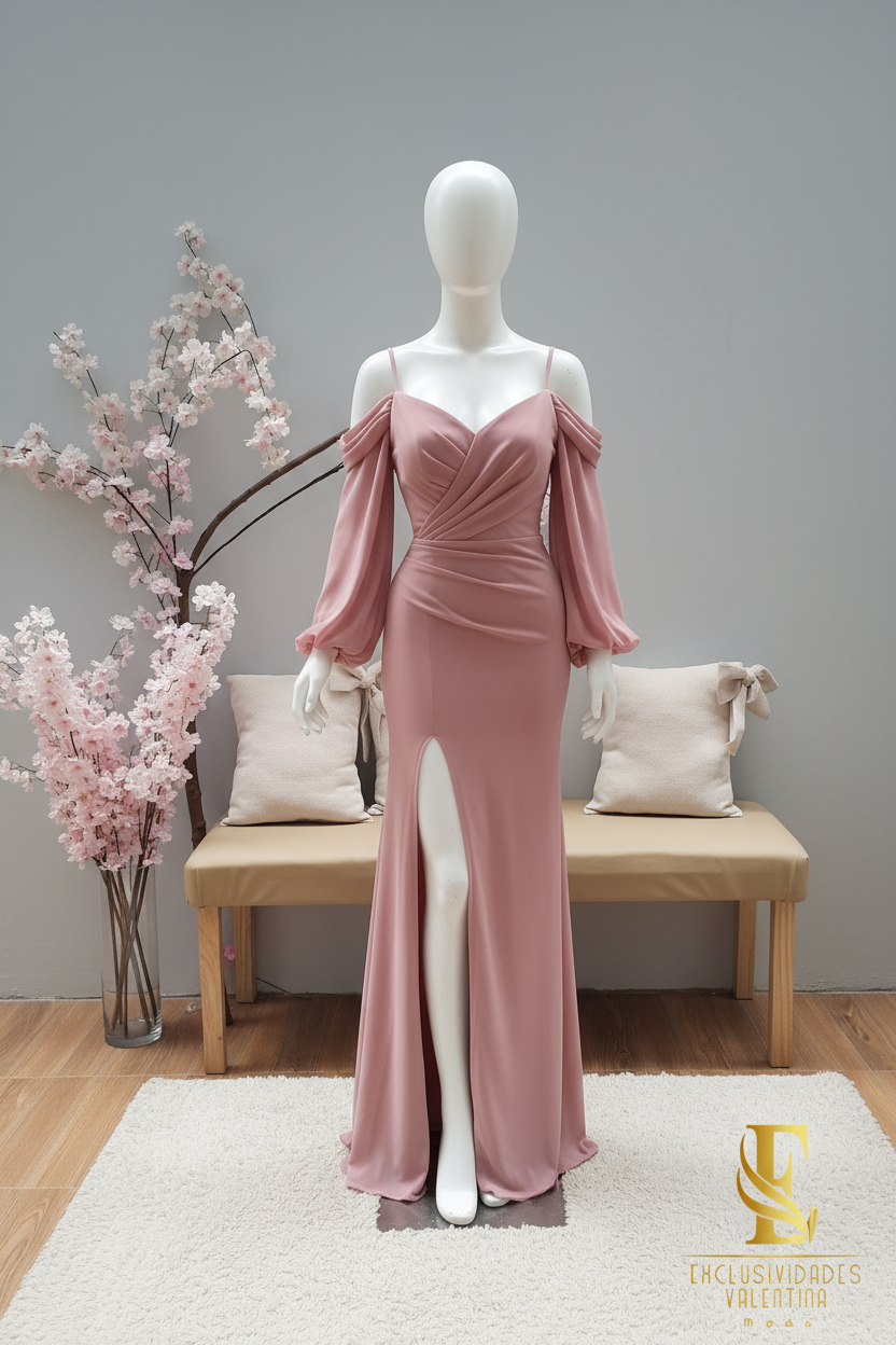 Vestido Rosa Palo Off-Shoulder Manga Puff cod.V343