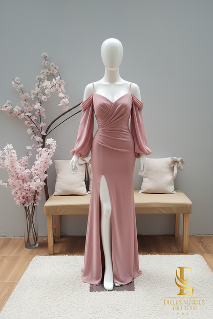 Vestido Rosa Palo Off-Shoulder Manga Puff cod.V343