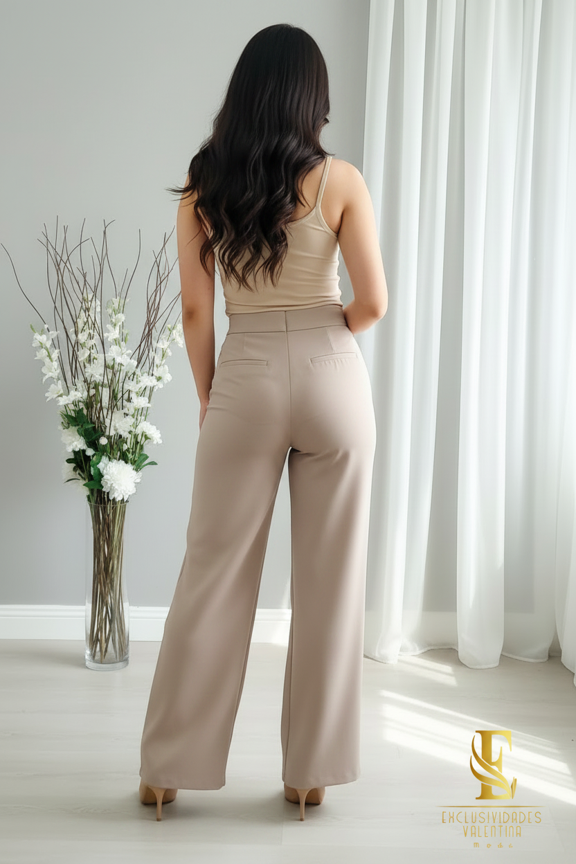 Pantalón Palazzo Beige Arena | Tiro Alto Pierna Ancha Estructurado cod.P523