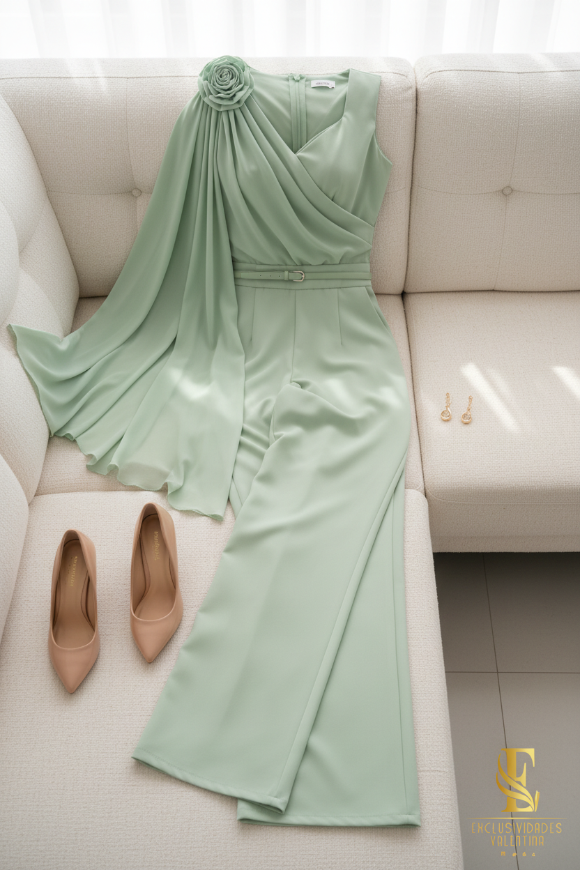 Conjunto Verde Sage Top Un Hombro Rosa 3D con Palazzo y Cinturón cod.C288