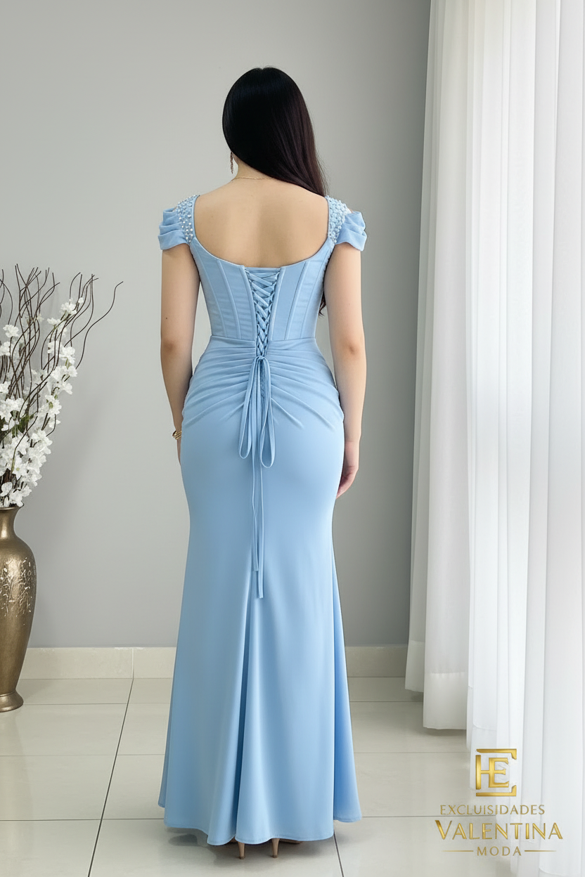 Vestido Sirena Azul Cielo Drapeado Perlas Abertura cod.V404