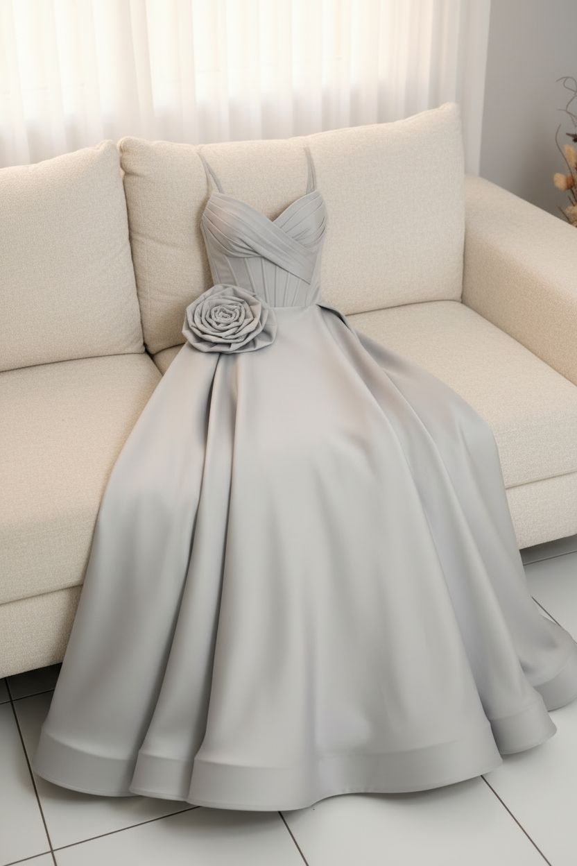 Vestido de Gala Gris Plateado con Rosa D cod.V596