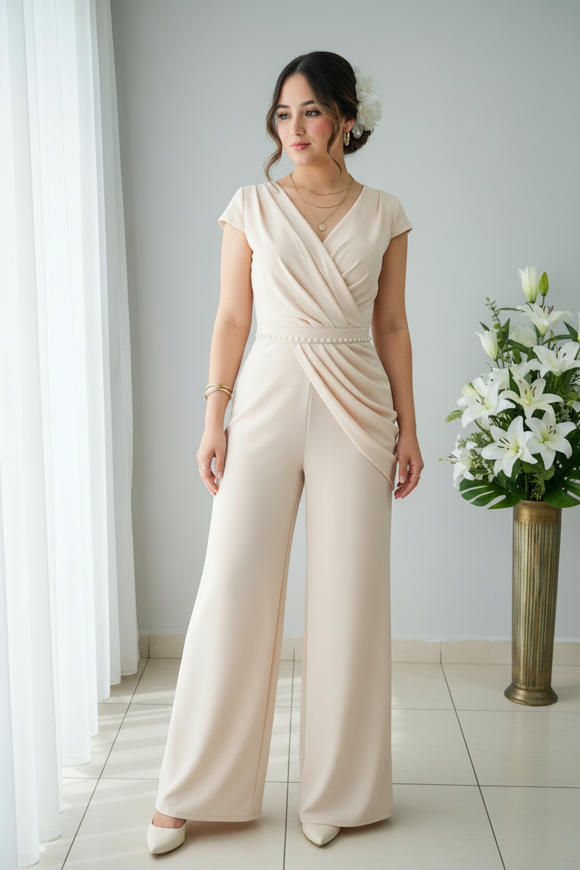 Enterizo Nude Drapeado con Perlas y Pierna Ancha cod.E546
