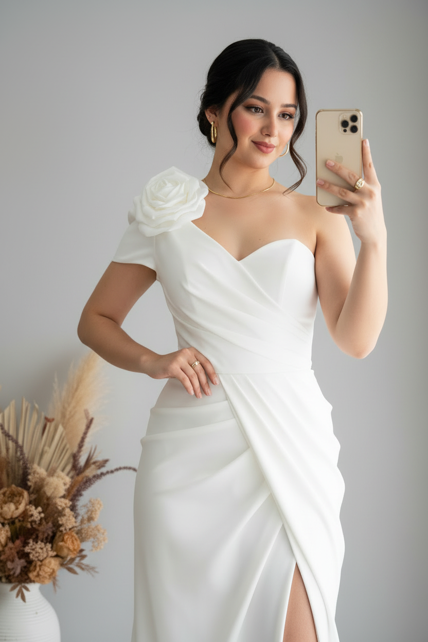 Vestido Blanco Un Hombro Sirena con Rosa 3D y Abertura cod.V368