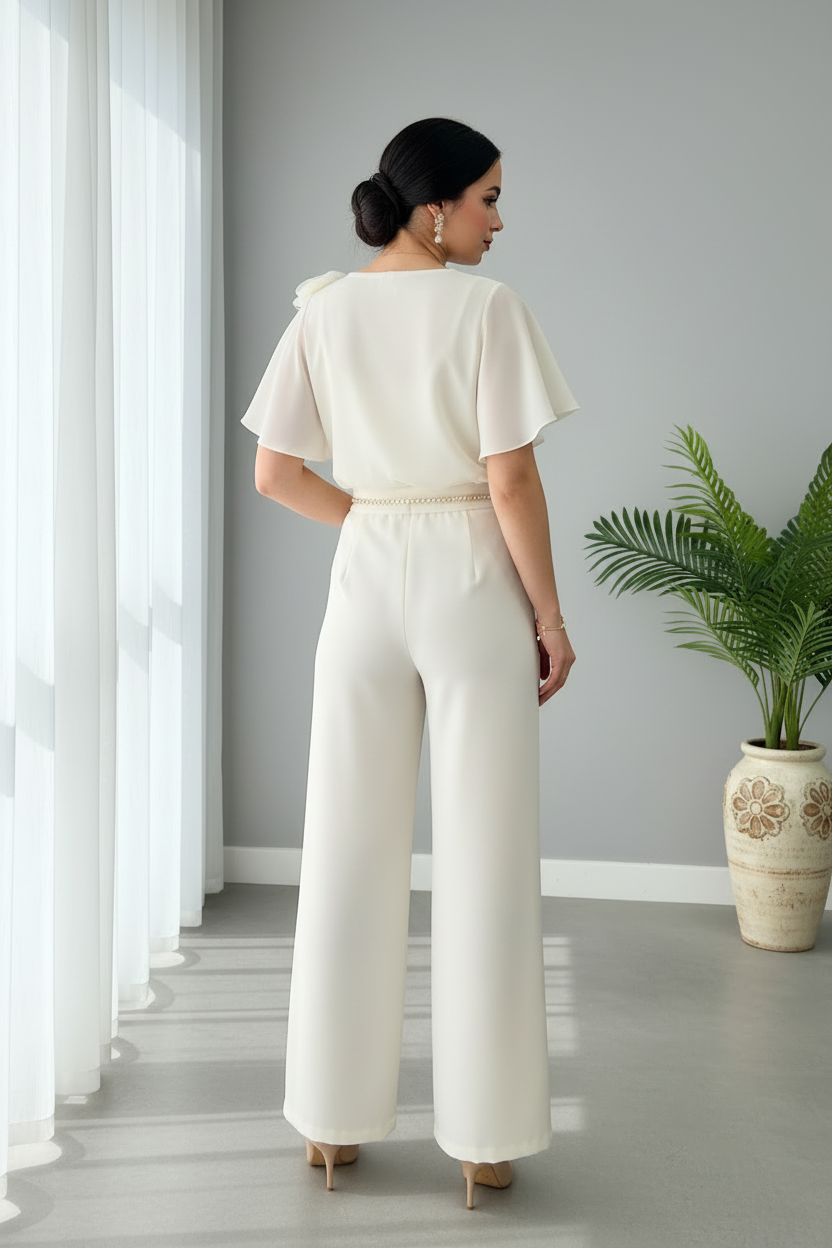 Conjunto Dos Piezas Blanco Total Top Wrap Flor 3D Cinturon Perlas Pantalon Palazzo Wide Leg cod.844