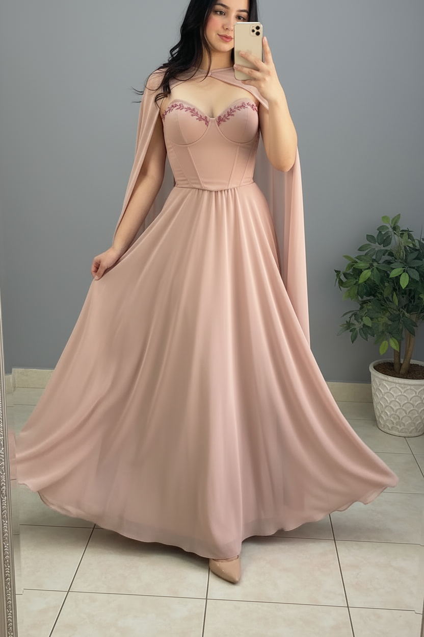 Vestido Rose Cape – Gown Rosa Palo con Capa & Bordado Floral cod.675