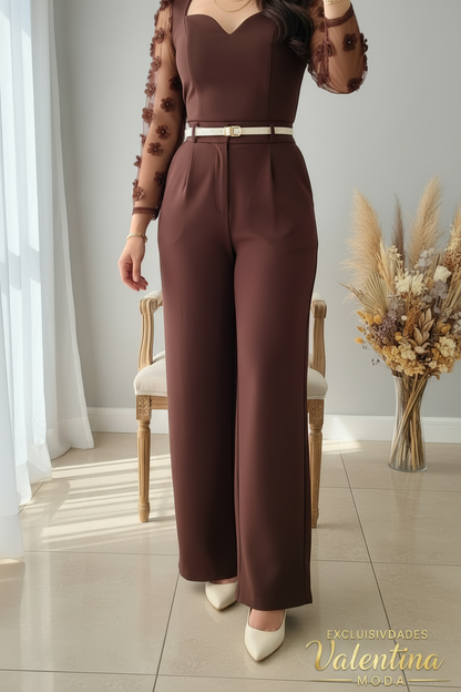 Conjunto Corset Chocolate con Mangas Florales cod.C789