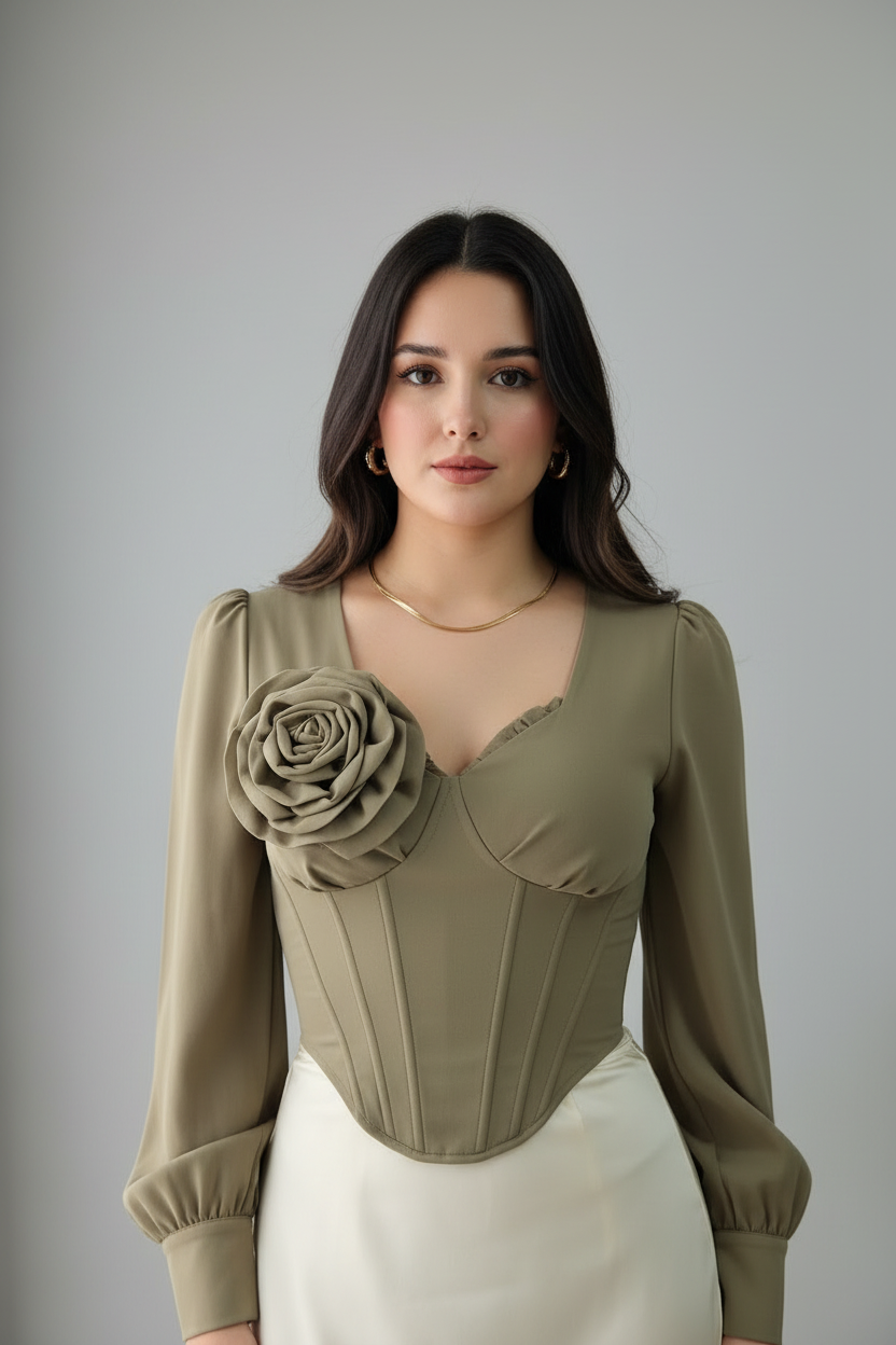 Conjunto Olive Rose – Corset Verde Oliva con Rosa 3D + Falda Satén Crema cod.689