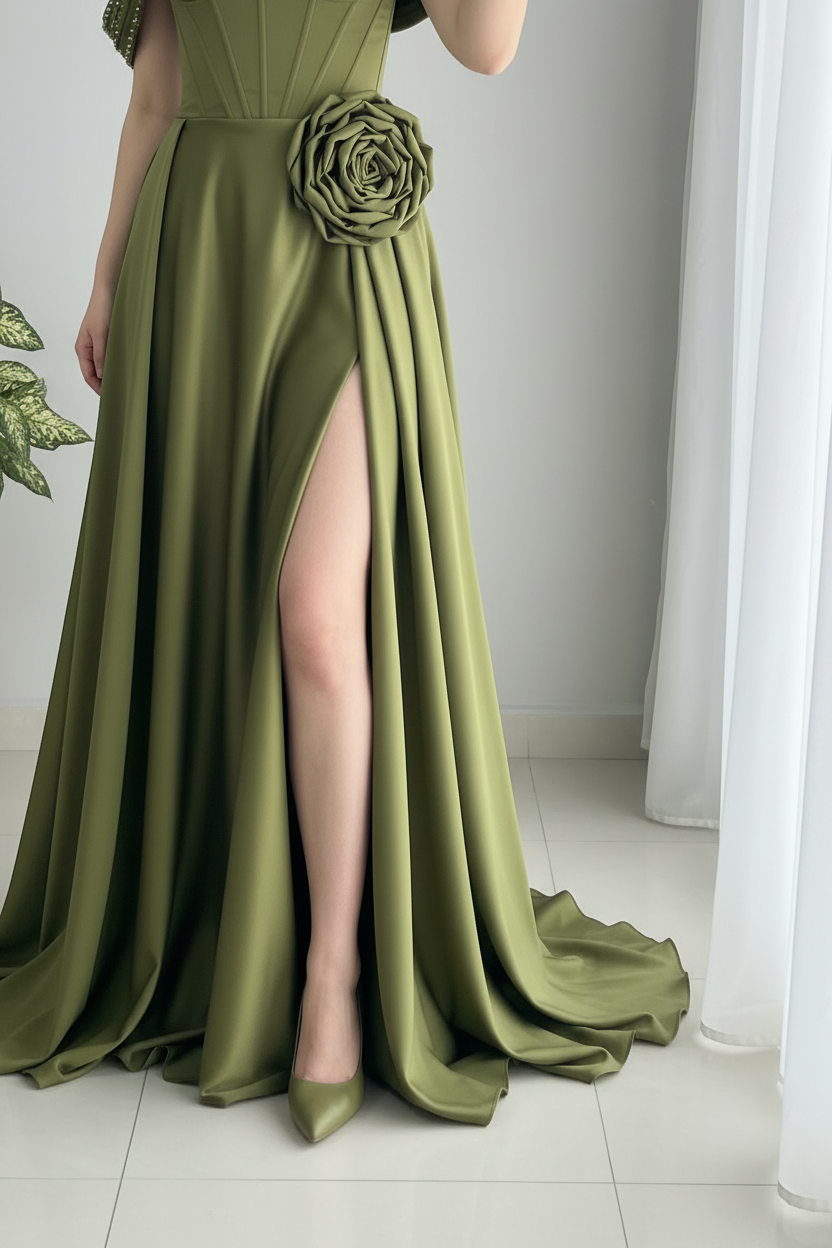 Vestido Verde Oliva Off-Shoulder Corsé Rosa Abertura cod.0021