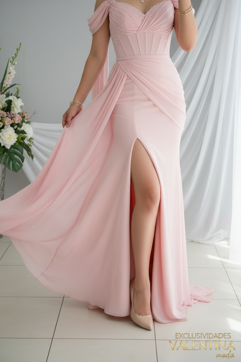 Vestido Rosa Palo Chiffon Off-Shoulder con Abertura Frontal cod.V509