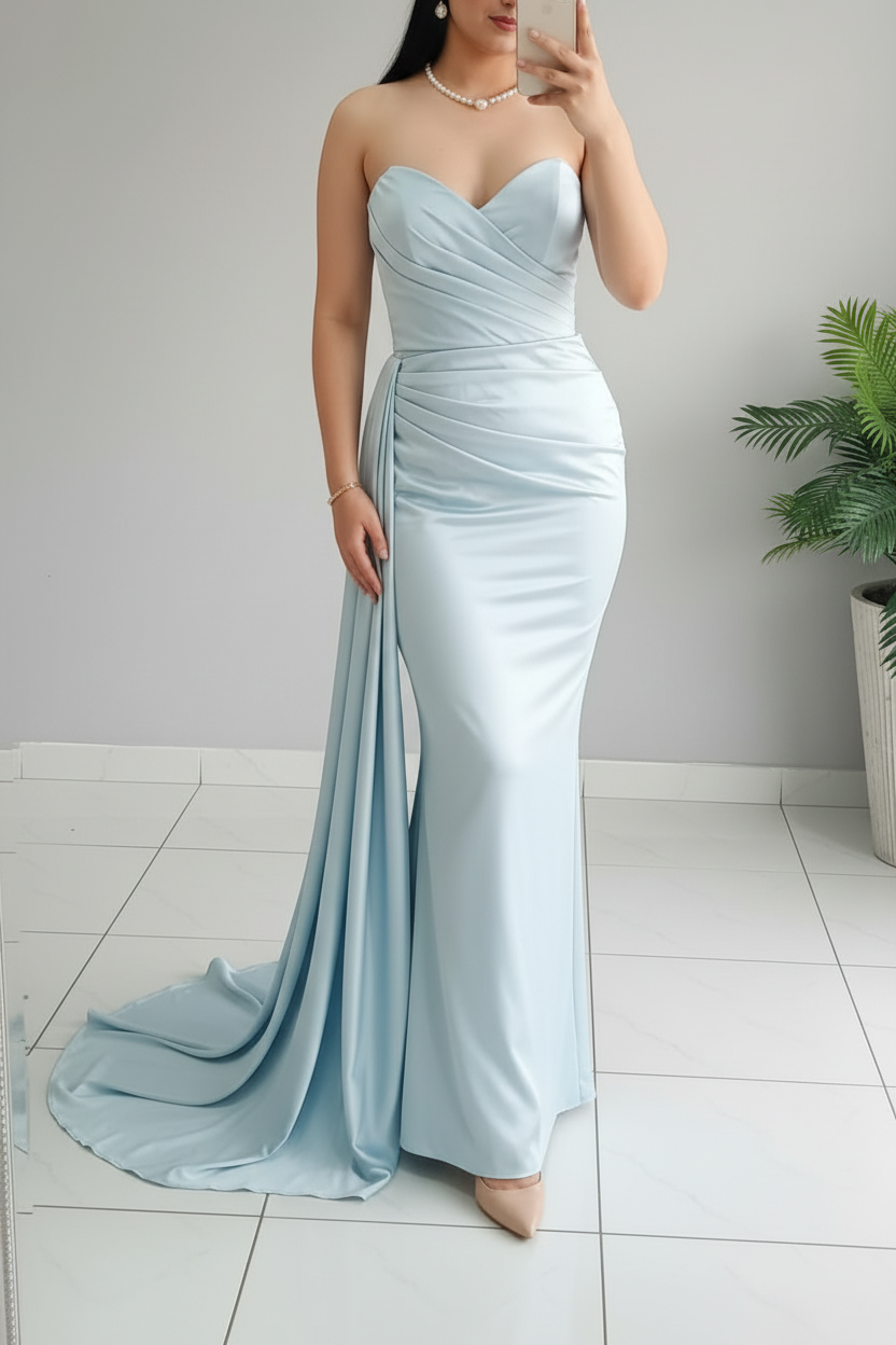 Vestido Celeste Sirena – Gown Azul Cielo Strapless con Cola cod.672
