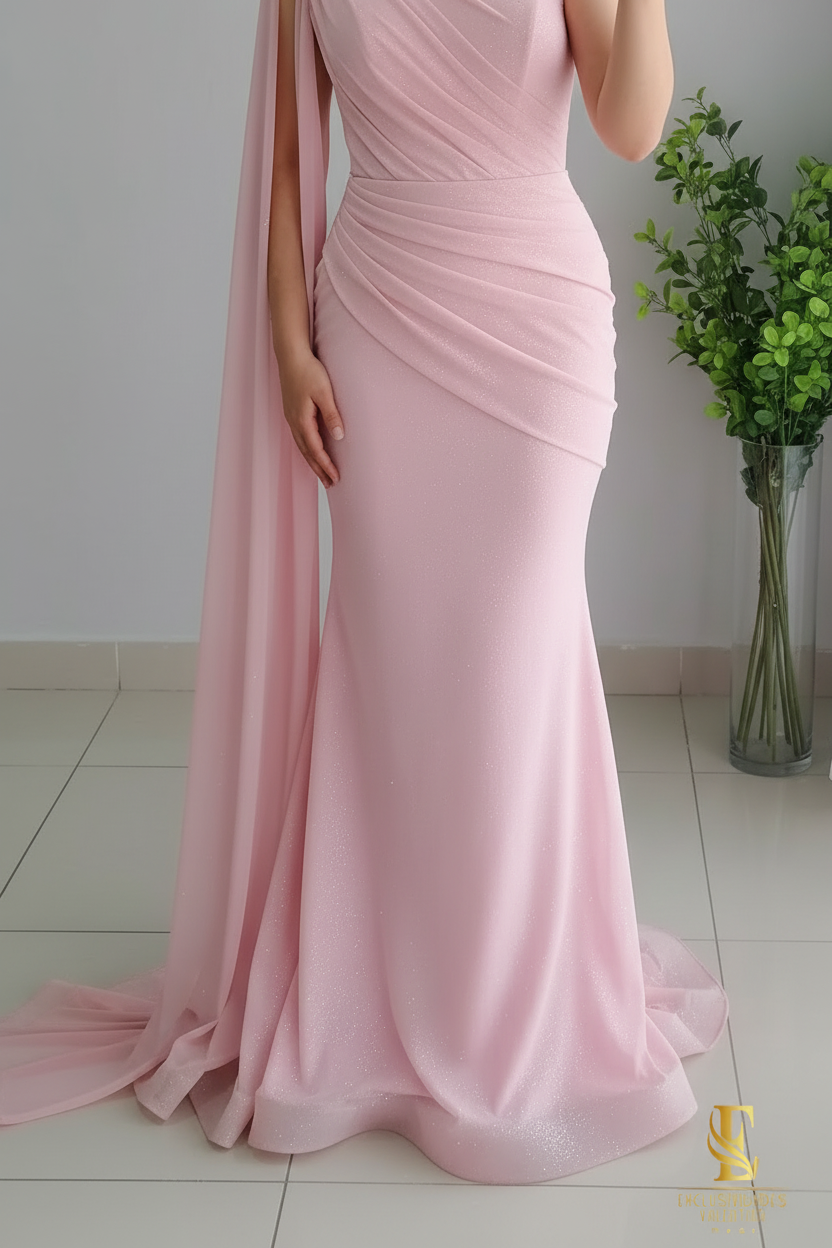 Vestido Sirena Rosa Palo Un Hombro con Rosa Espiral y Capa de Gasa cod.V253